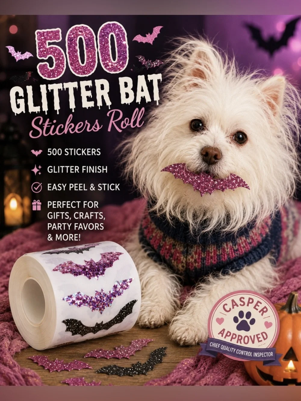 500 Pink & Black Glitter Bat Stickers Roll Halloween Seals Gift Wrap Party Favor